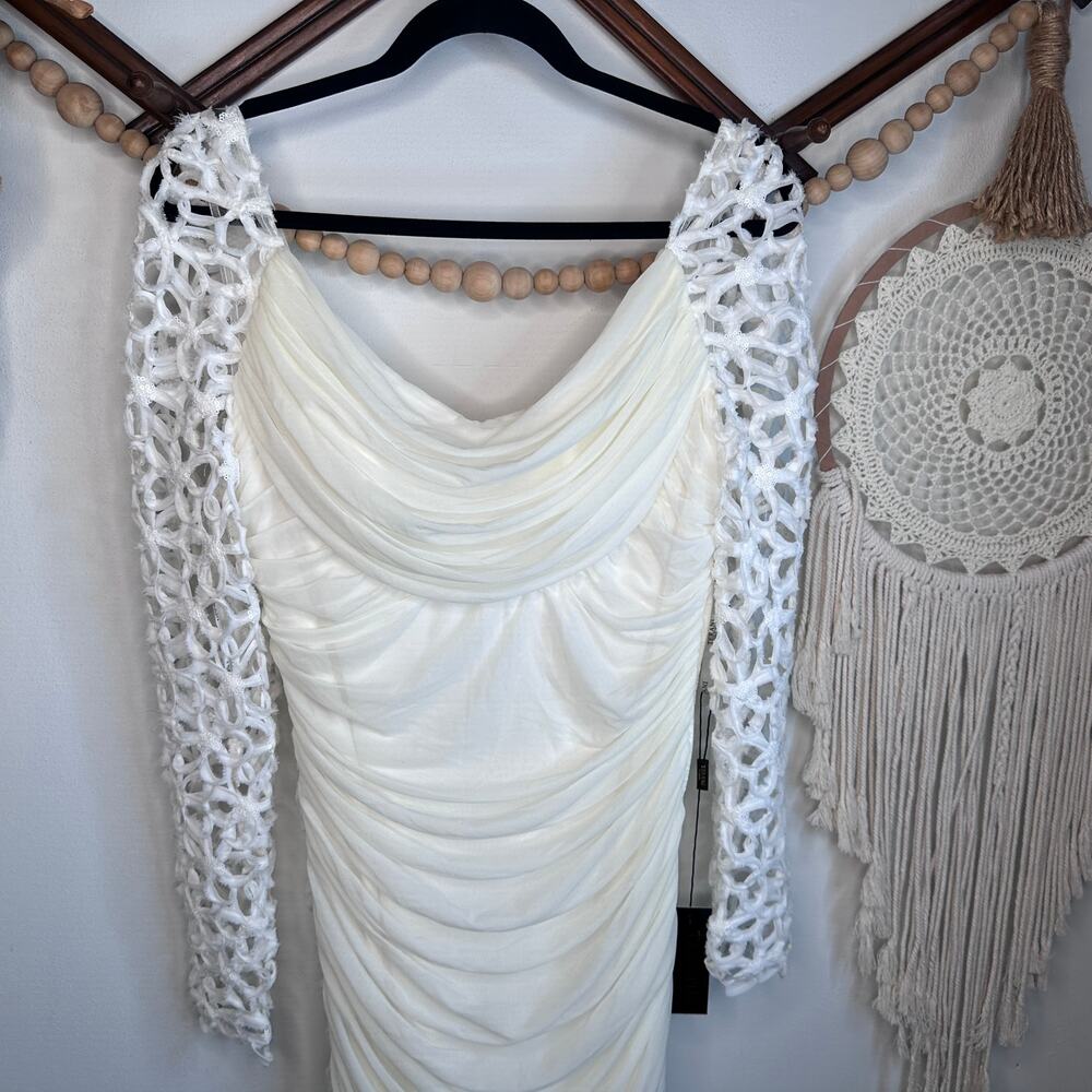 NEW Terani Couture Ivory Crochet Sleeve Ruched White Dress
